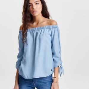 Only light denim tie-sleeve off-the-shoulder top